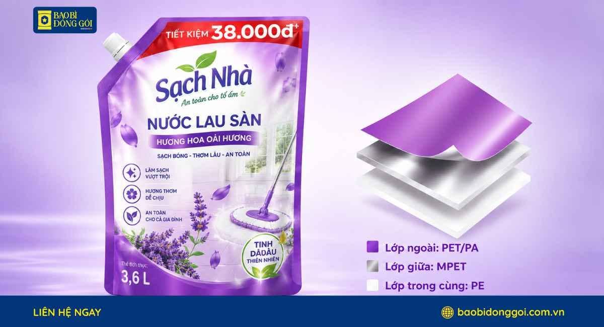 Cấu trúc màng ghép bao bì nước lau sàn in trục đồng