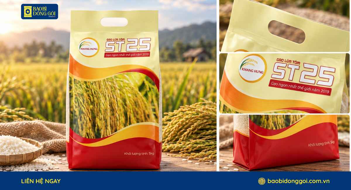 Chi tiết bao bì gạo Khang Hưng túi 4 cạnh MATTOPP/PA/PE