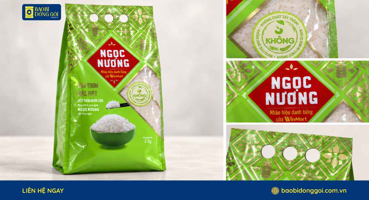 Chi tiết bao bì gạo Ngọc Nương 3kg túi 4 cạnh PA/PE