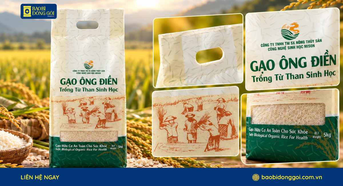 Chi tiết bao bì gạo Ông Điền túi xếp hông hàn lưng giữa