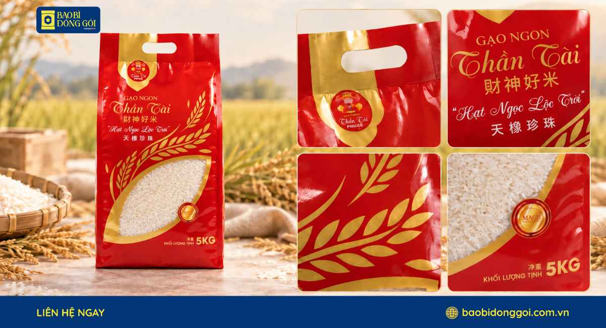 Chi tiết bao bì gạo Thần Tài 5kg túi 4 cạnh PA/PE