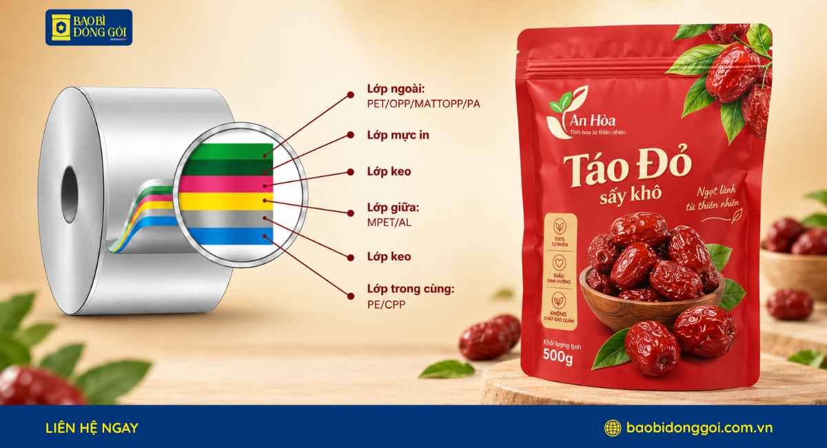 Công nghệ ghép màng bao bì đựng táo đỏ sấy