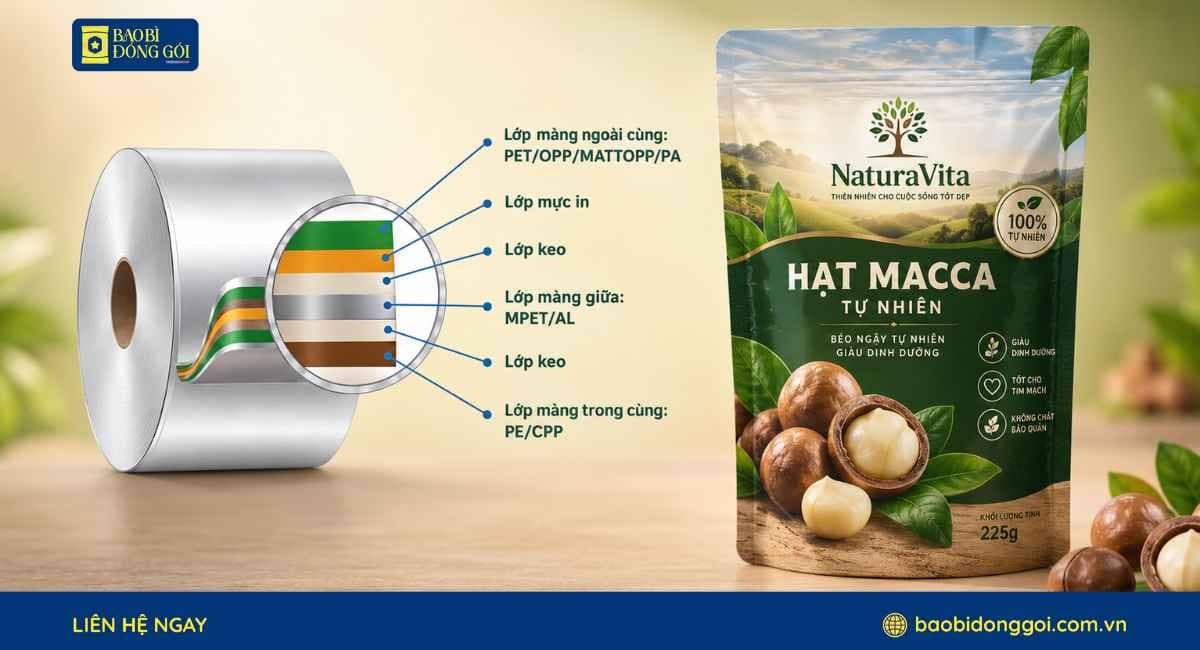 Công nghệ ghép màng bao bì hạt macca