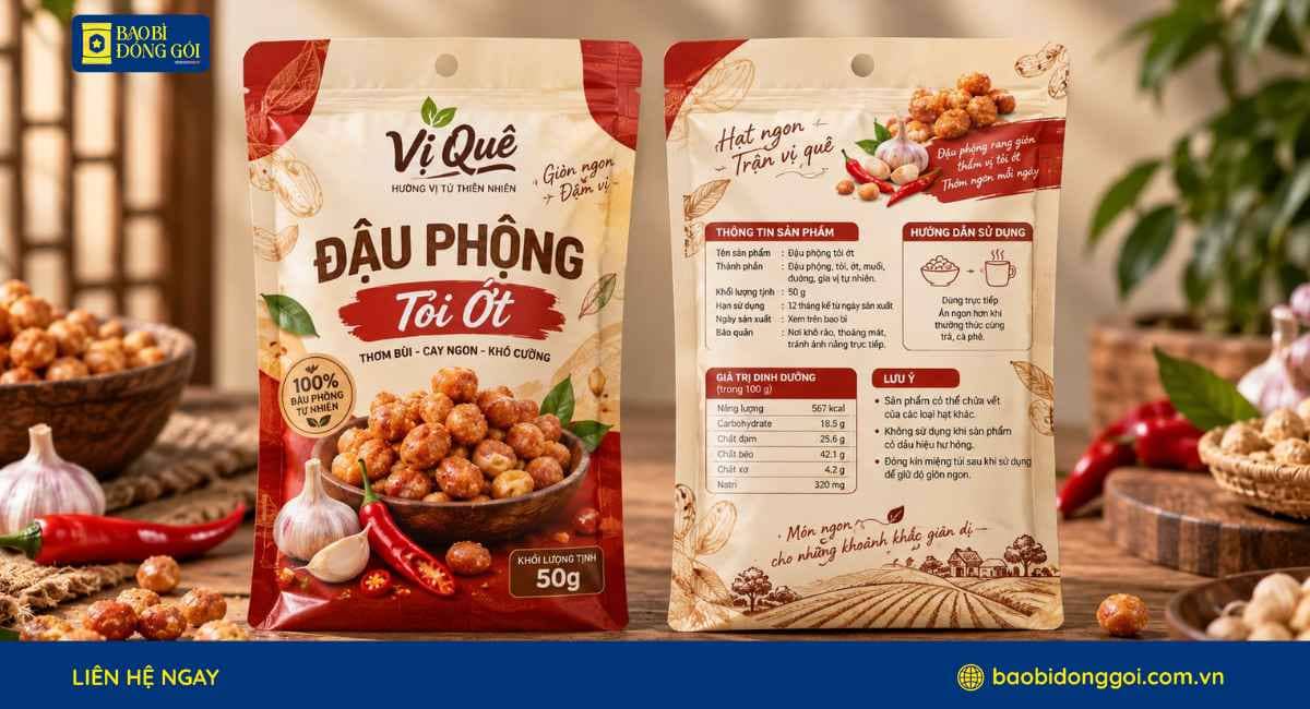 Mẫu bao bì đậu phộng 50g in túi zipper đáy đứng 2 mặt trước sau
