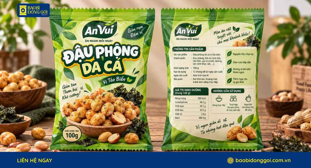Mẫu bao bì đậu phộng da cá 100g in trục đồng 5 màu