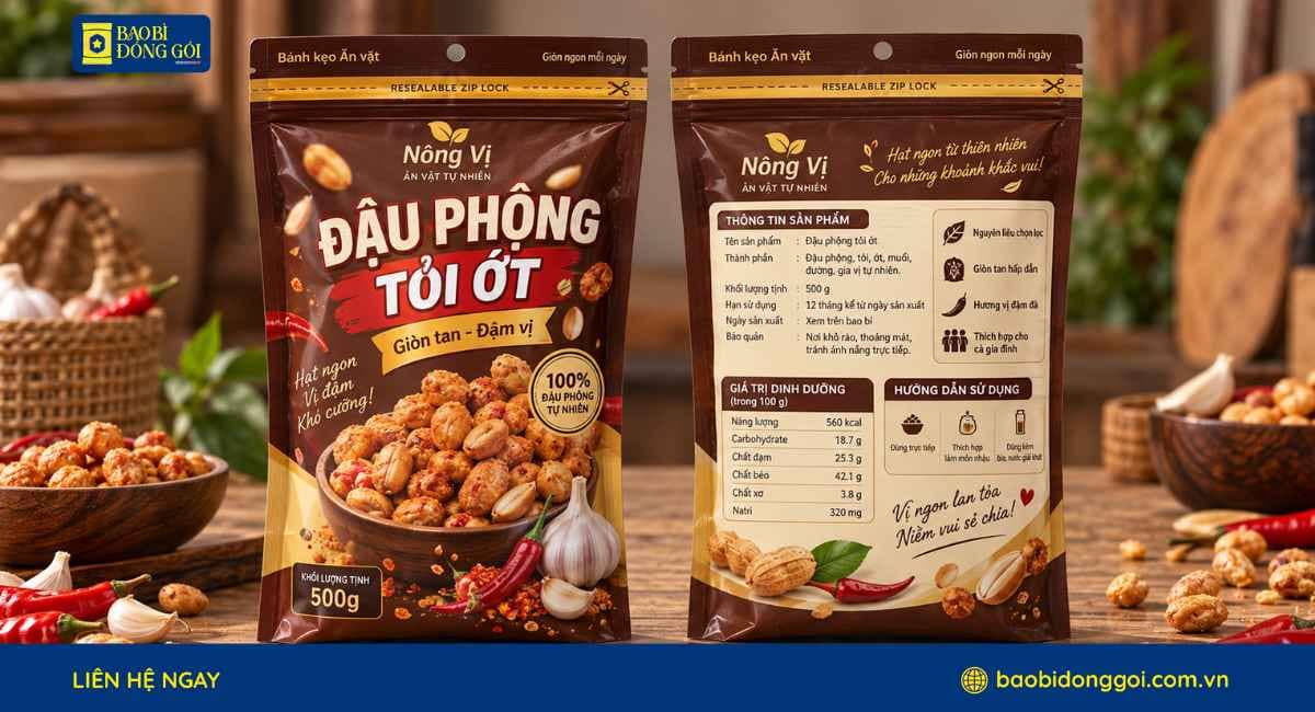 Mẫu bao bì đậu phộng tỏi ớt túi lớn 500g