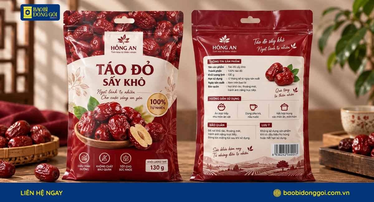 Mẫu bao bì đựng táo đỏ sấy 130g đục lỗ treo đầy đủ thông tin sản phẩm thương hiệu