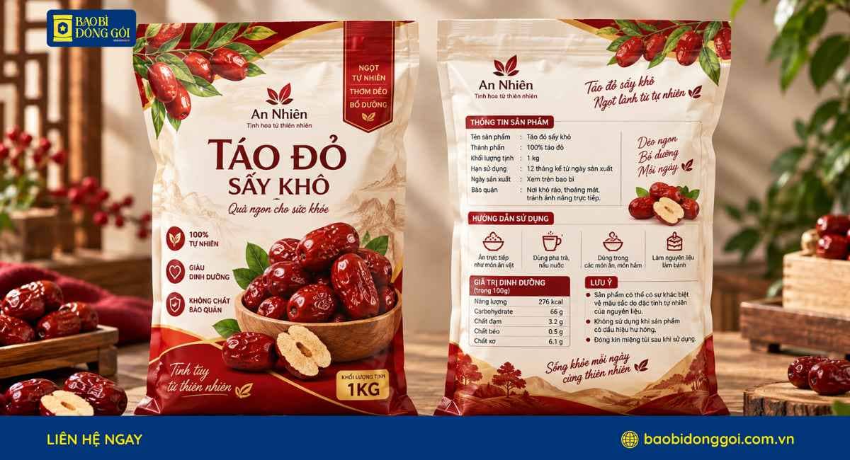 Mẫu bao bì táo đỏ sấy túi 1 ký 2 mặt trước sau in rõ nét hình sản phẩm