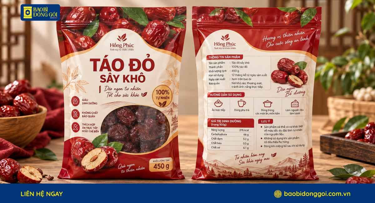 Mẫu bao bì đựng táo đỏ sấy 450g có cửa sổ nhìn thấy táo bên trong