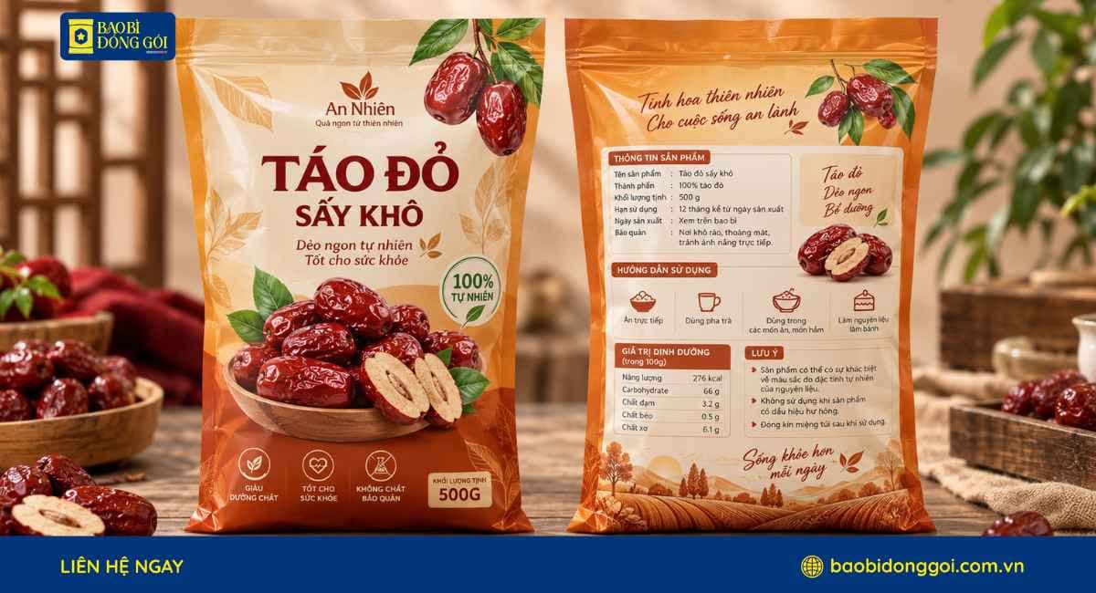 Mẫu bao bì đựng táo đỏ sấy 500g 3 lớp in trục đồng