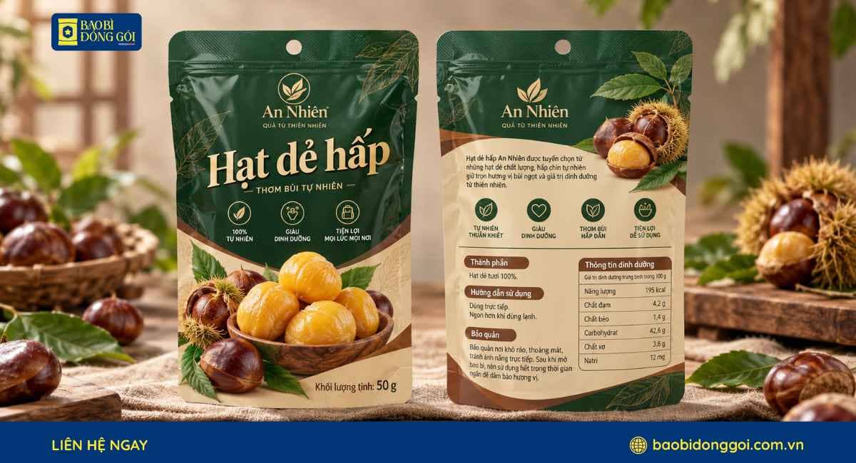 Mẫu bao bì hạt dẻ hấp in trục đồng sắc nét 2 mặt trước sau