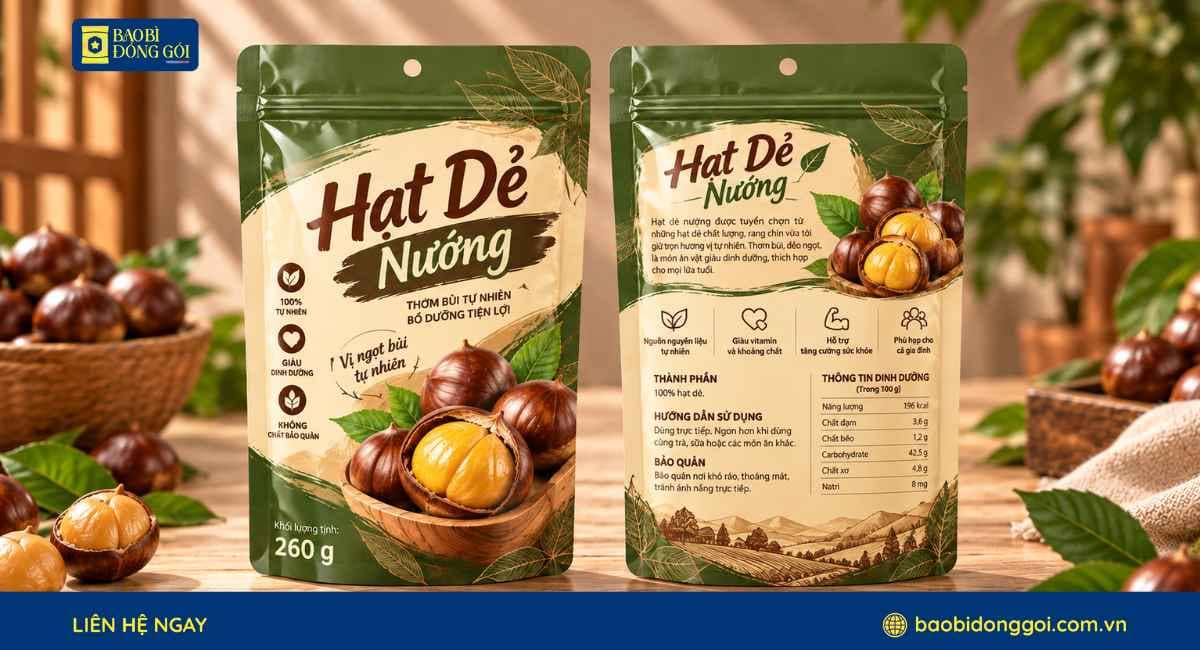 Mẫu bao bì hạt dẻ túi zipper đáy đứng in theo yêu cầu