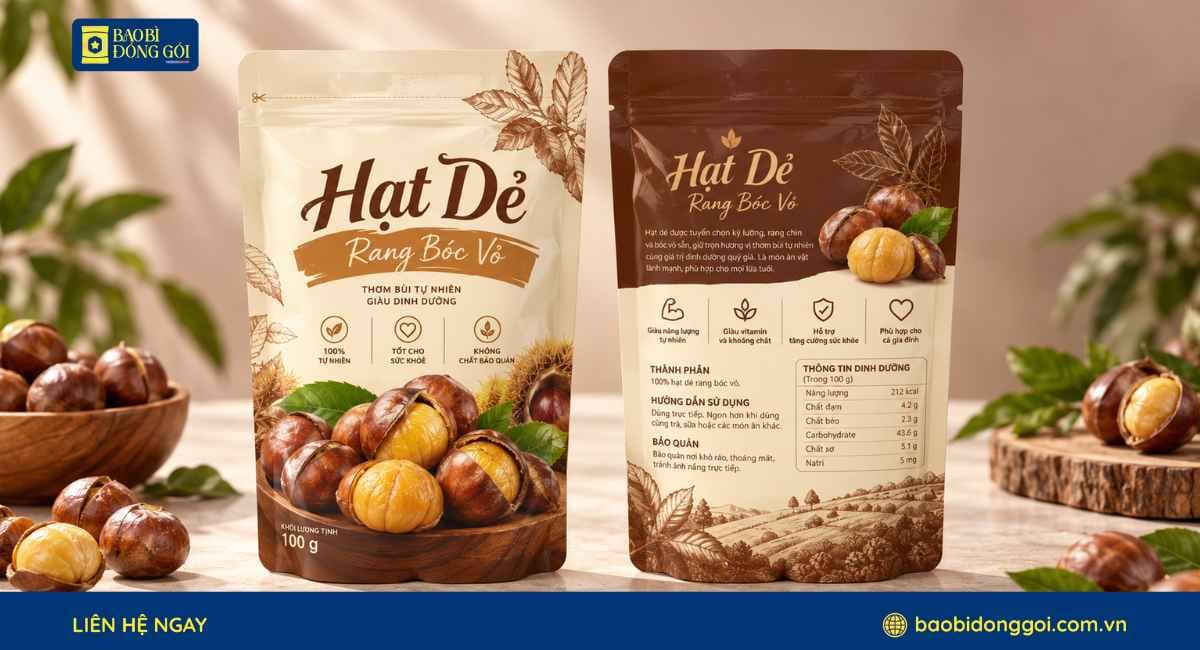 Mẫu bao bì hạt dẻ rang bóc vỏ in trục 6 màu theo yêu cầu