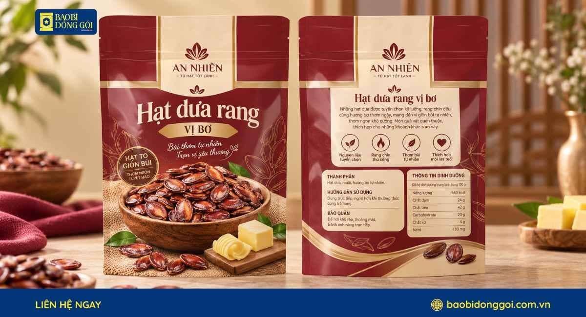 Mẫu bao bì hạt dưa tẩm vị đáy đứng 2 lớp in trục 5 màu