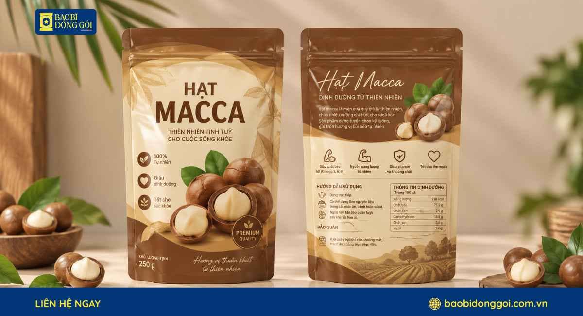 Mẫu bao bì hạt macca 250g túi zip nhỏ 2 mặt trước sau
