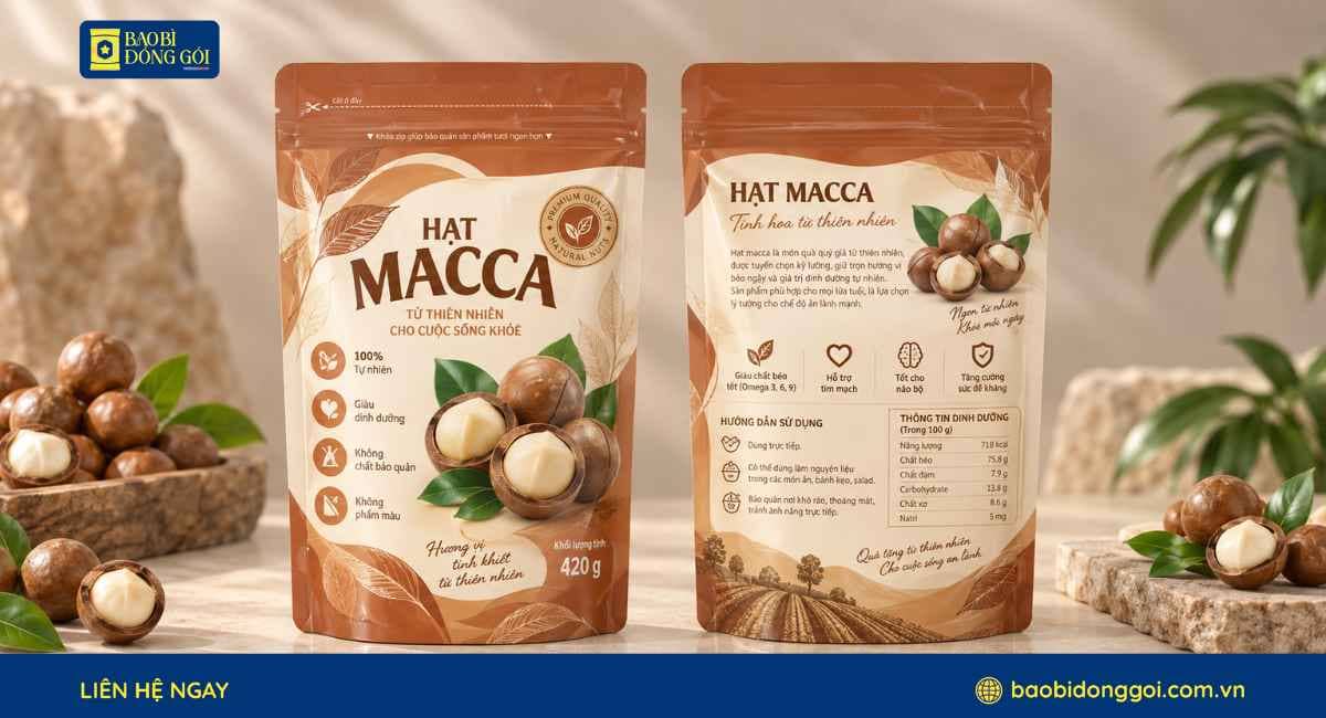 Mẫu bao bì hạt macca đẹp 2 mặt trước sau ghép 2 lớp zipper đáy đứng