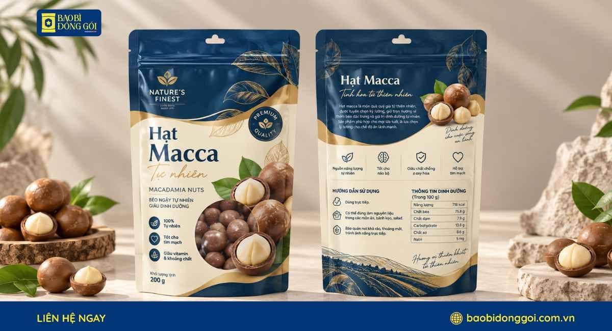 Mẫu bao bì hạt macca in trục đồng 5 màu ghép 3 lớp theo yêu cầu