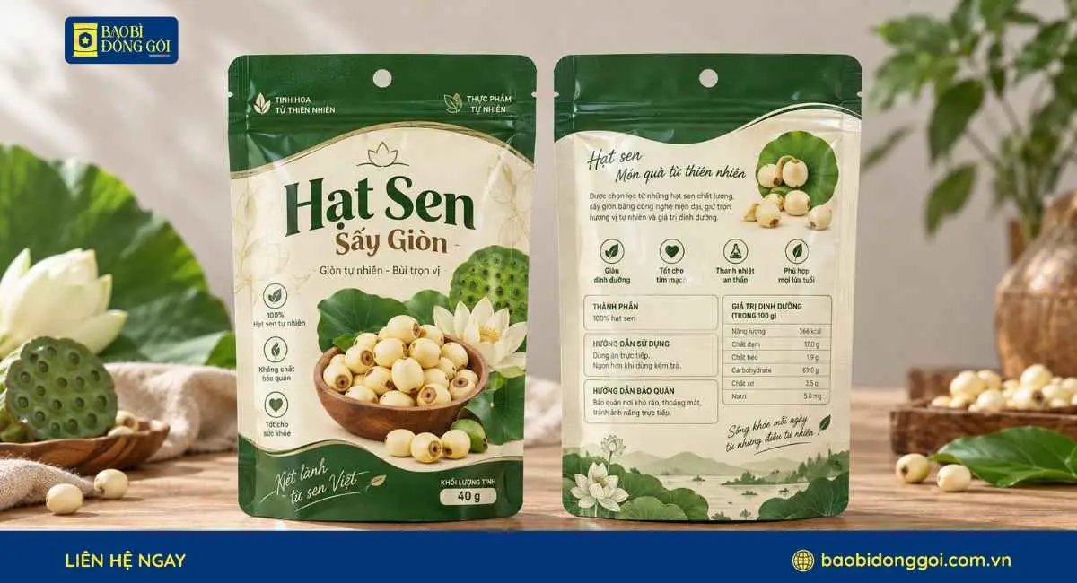 Mẫu bao bì hạt sen cao cấp in trục đồng 5 màu 2 mặt rõ nét trước sau