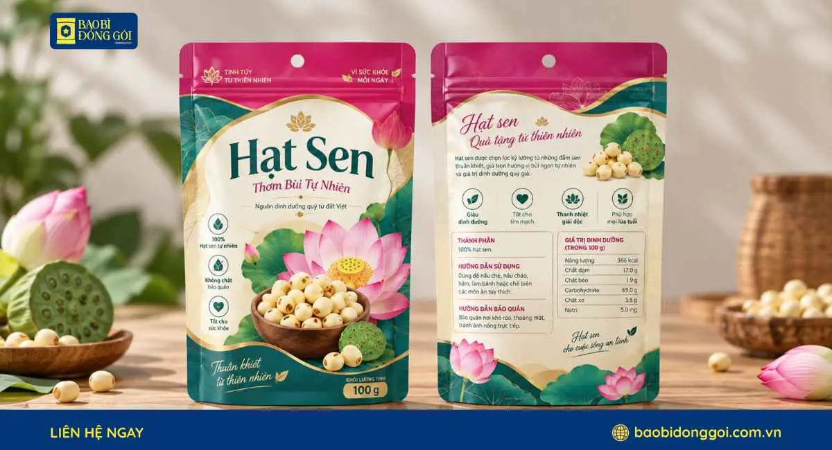Mẫu bao bì hạt sen đẹp in logo thương hiệu theo yêu cầu