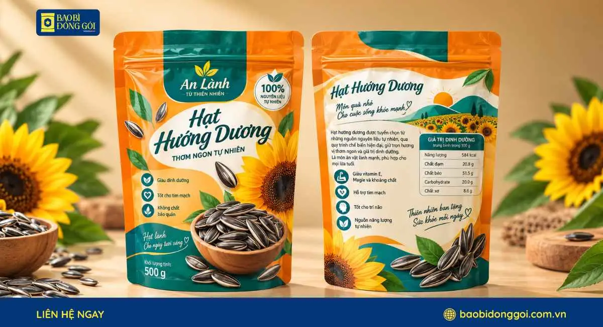 Mẫu bao bì hạt hướng dương túi zipper đáy đứng in trục đồng