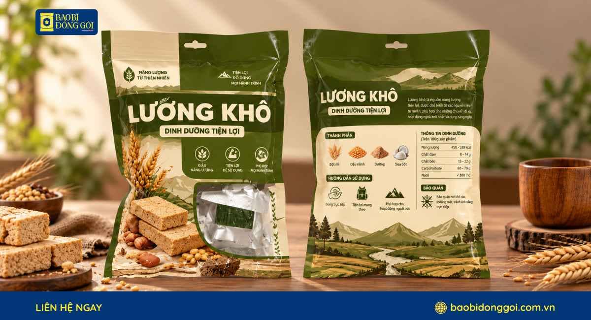Mẫu bao bì lương khô dinh dưỡng in trục đồng