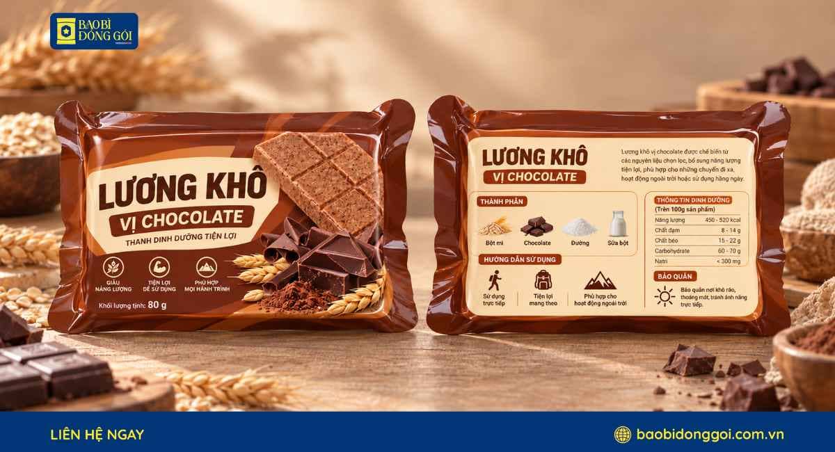Mẫu bao bì lương khô vị socola túi hàn lưng giữa nhỏ 80g