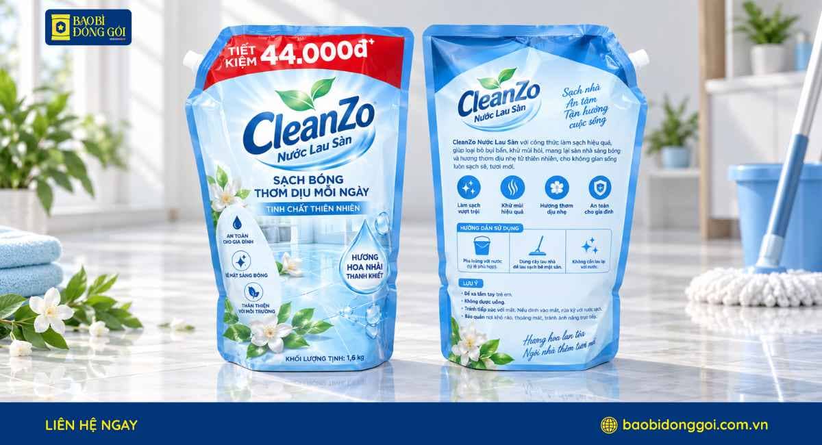 Mẫu bao bì nước lau sàn in theo yêu cầu dạng refill có in mã giảm giá rõ nét