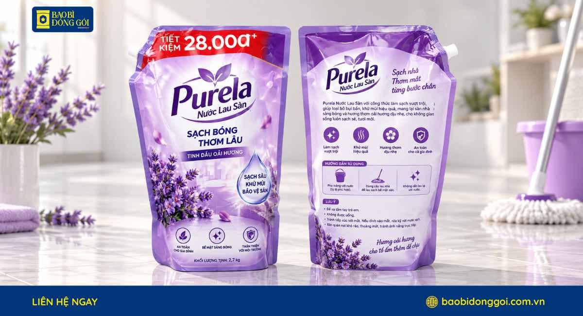 Mẫu túi refill nước lau sàn dung tích lớn được in trục đồng ghép 3 lớp