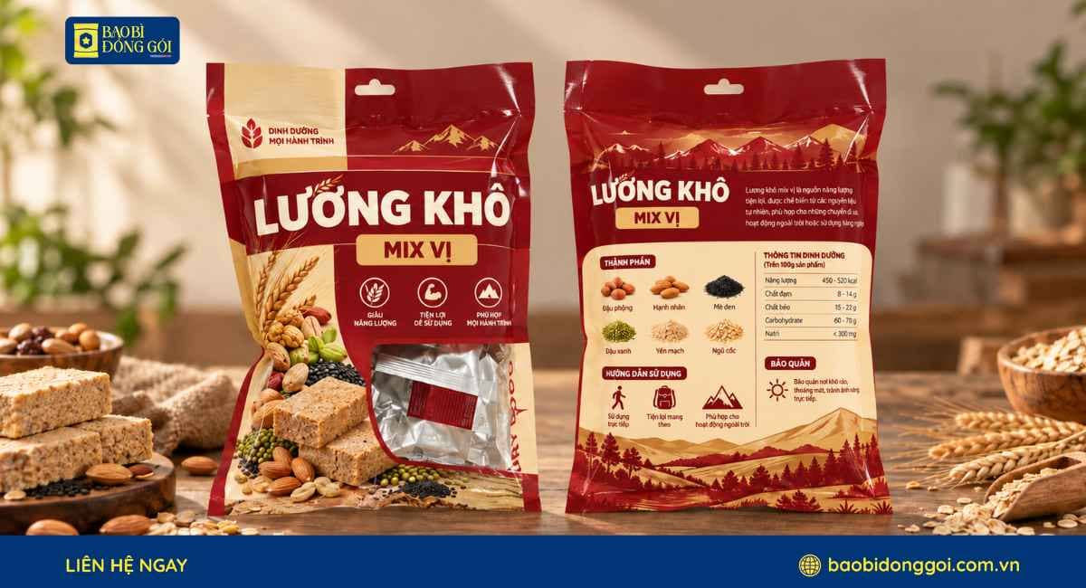 Mẫu túi 3 biên đựng lương khô in rõ nét 2 mặt trước sau