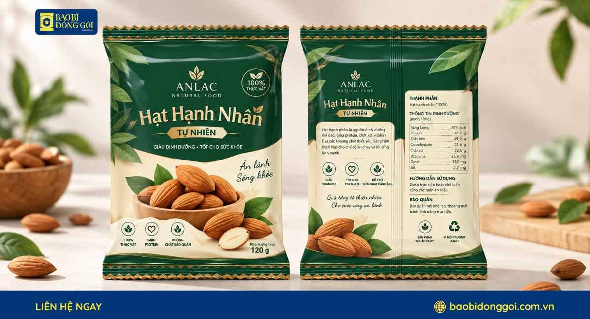 Mẫu túi hàn lưng giữa đựng hạnh nhân in theo yêu cầu