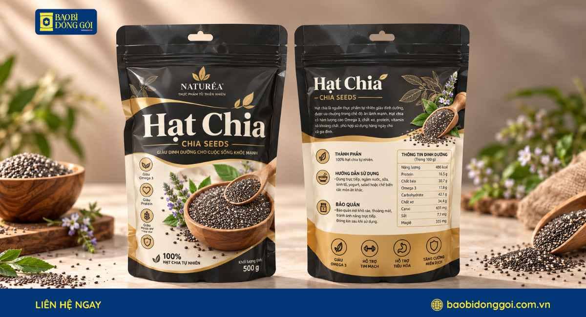 Mẫu túi zipper đựng hạt chia 2 mặt trước sau gia công theo yêu cầu