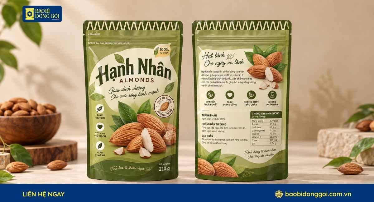Mẫu túi zipper đựng hạnh nhân 2 mặt trước sau in rõ nét