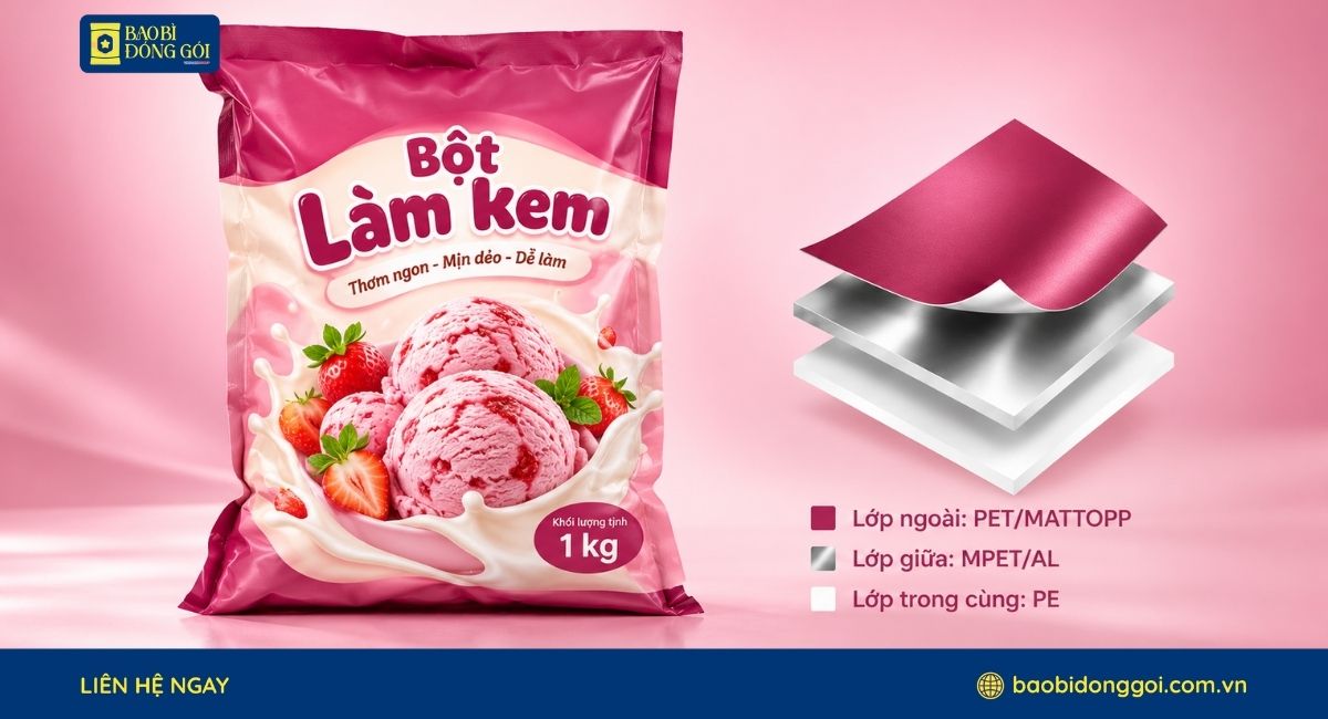 Cấu trúc màng ghép bao bì bột làm kem