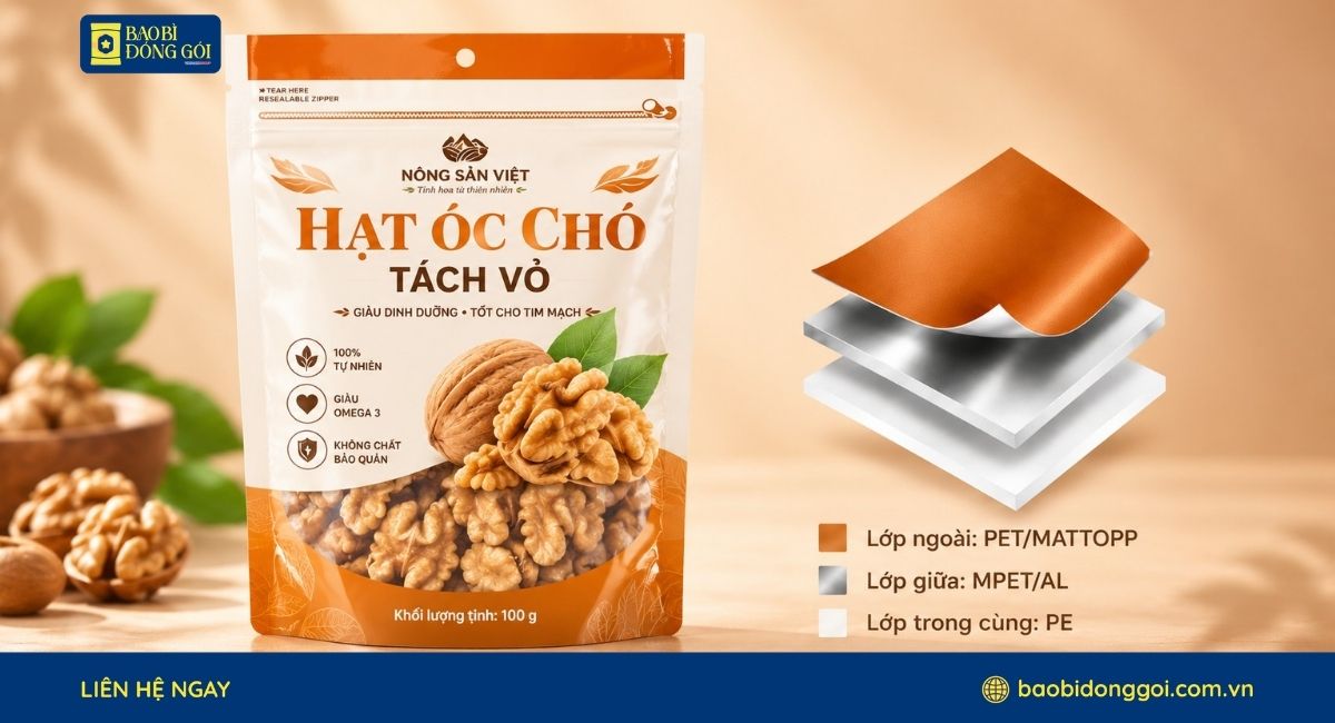 Cấu trúc màng ghép bao bì hạt óc chó