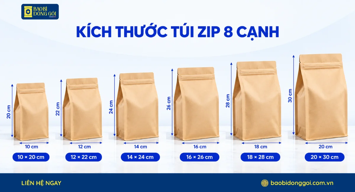 Kích thước túi zip 8 cạnh