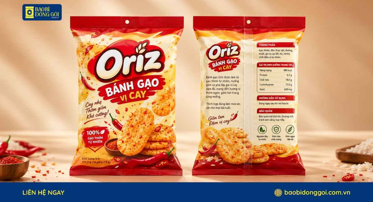 Mẫu bao bì bánh gạo dạng túi hàn lưng giữa