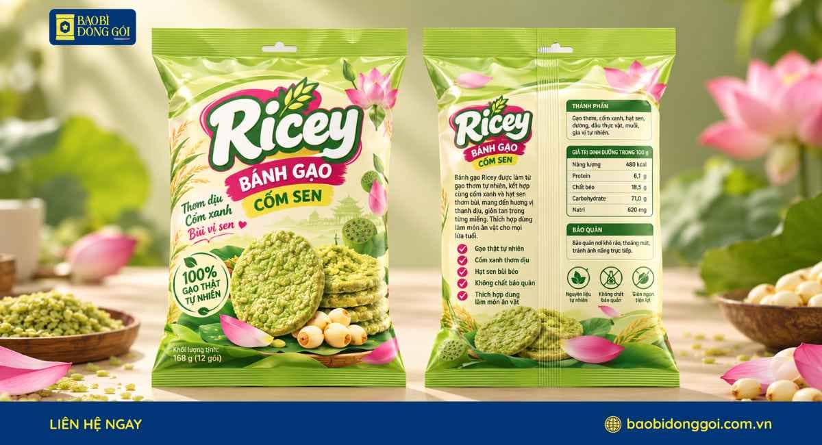 Mẫu bao bì bánh gạo in trục đồng 2 mặt trước sau rõ nét