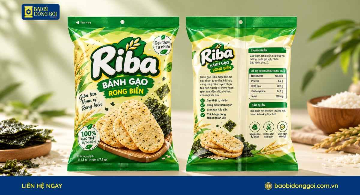 Mẫu bao bì bánh gạo in trục đồng 2 mặt trước sau