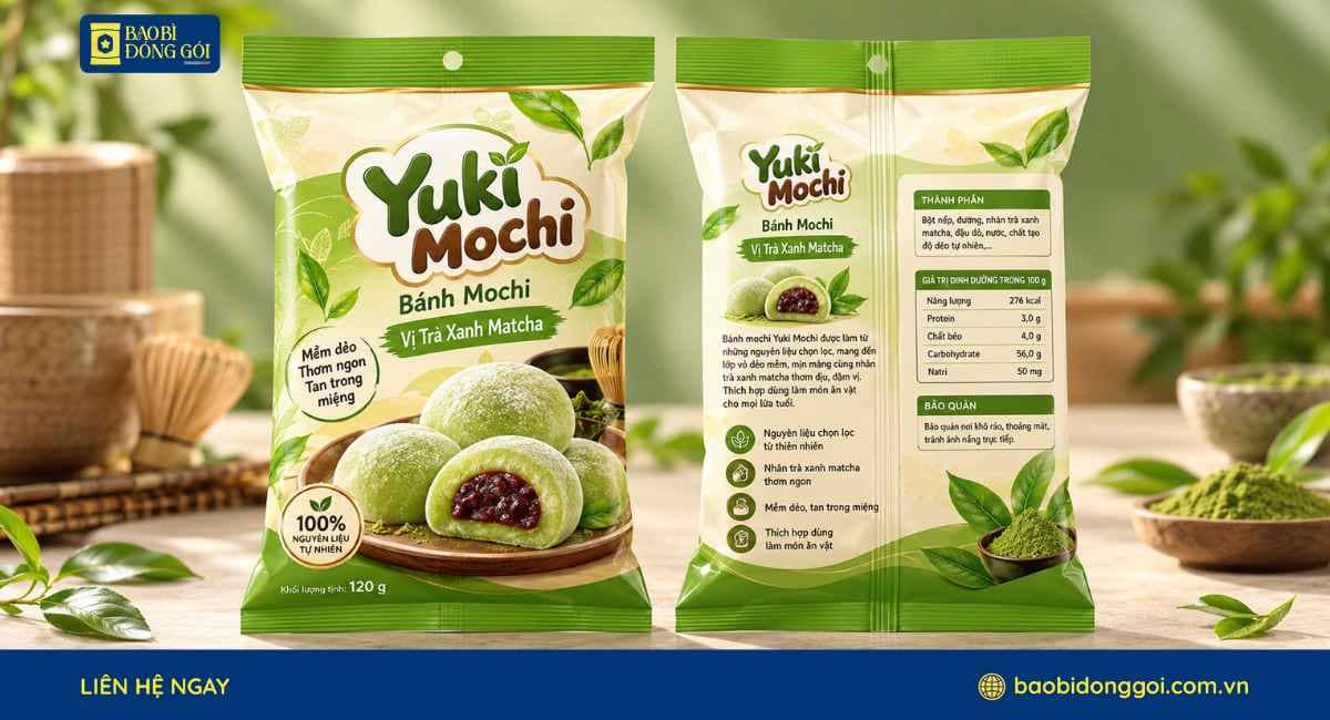 Mẫu bao bì bánh mochi túi hàn lưng giữa