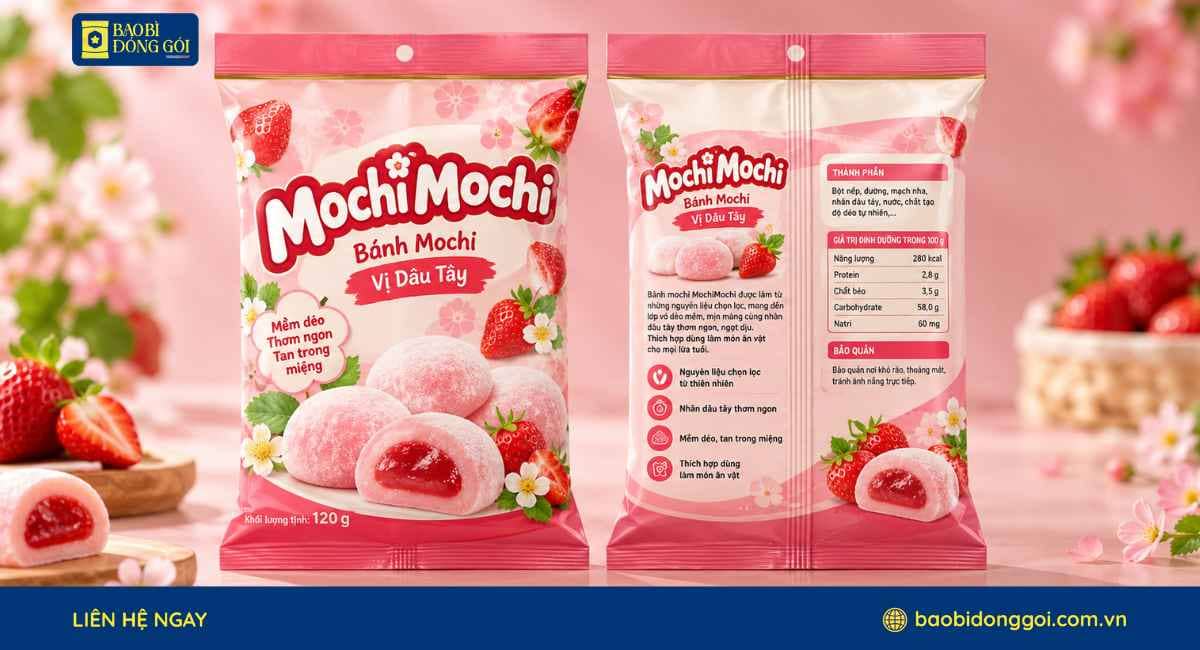 Mẫu bao bì bánh mochi đẹp in 2 mặt trước sau