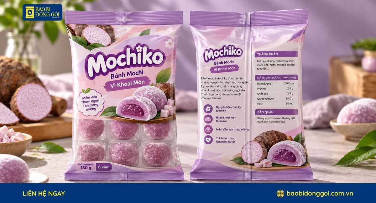 Mẫu bao bì bánh mochi in trục đồng 4 màu tăng nhận diện thương hiệu