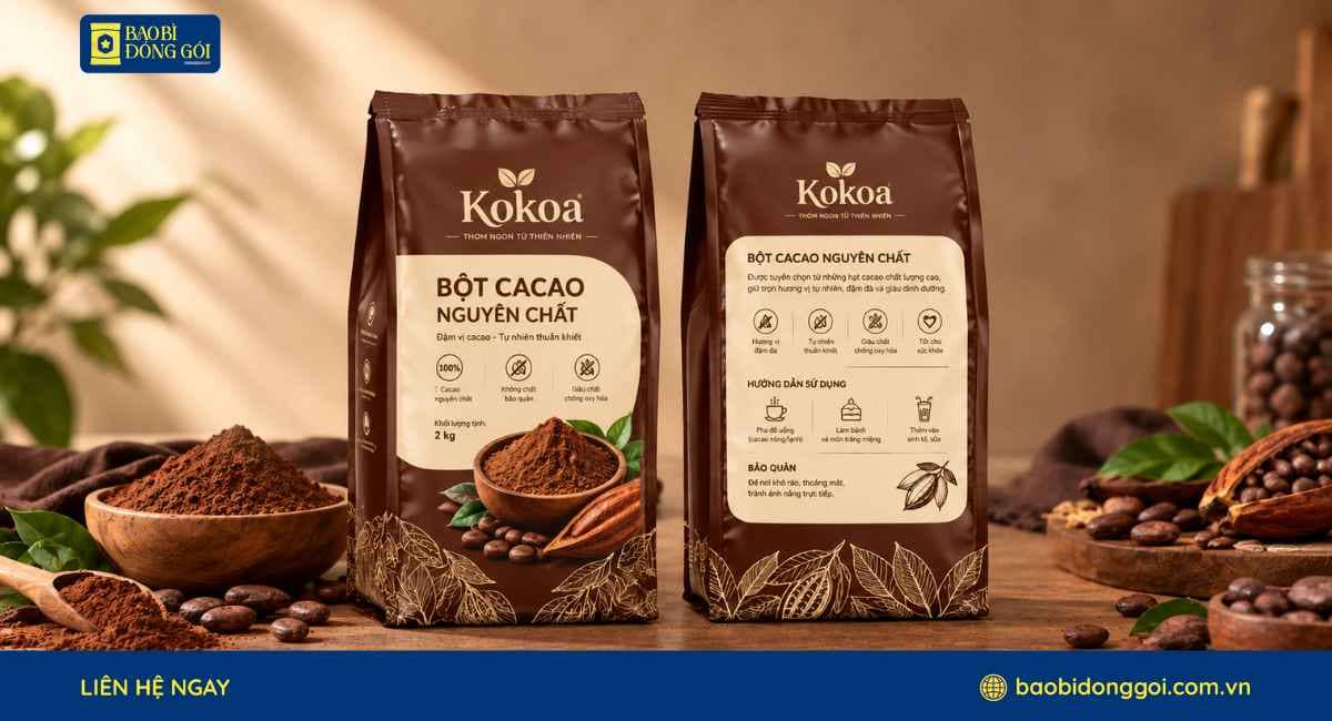 Mẫu bao bì bột cacao dạng túi 8 cạnh