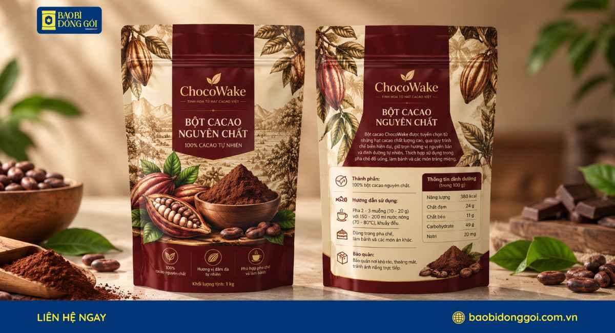 Mẫu bao bì bột cacao túi zip đáy đứng in 2 mặt trước sau