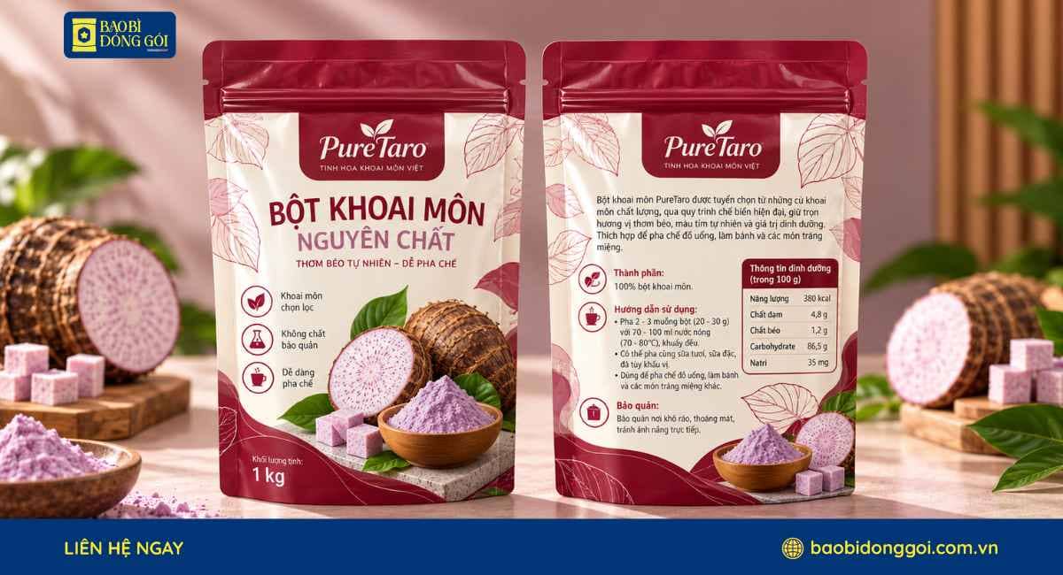 Mẫu bao bì đựng bột khoai môn pha trà sữa có zipper tiện lợi
