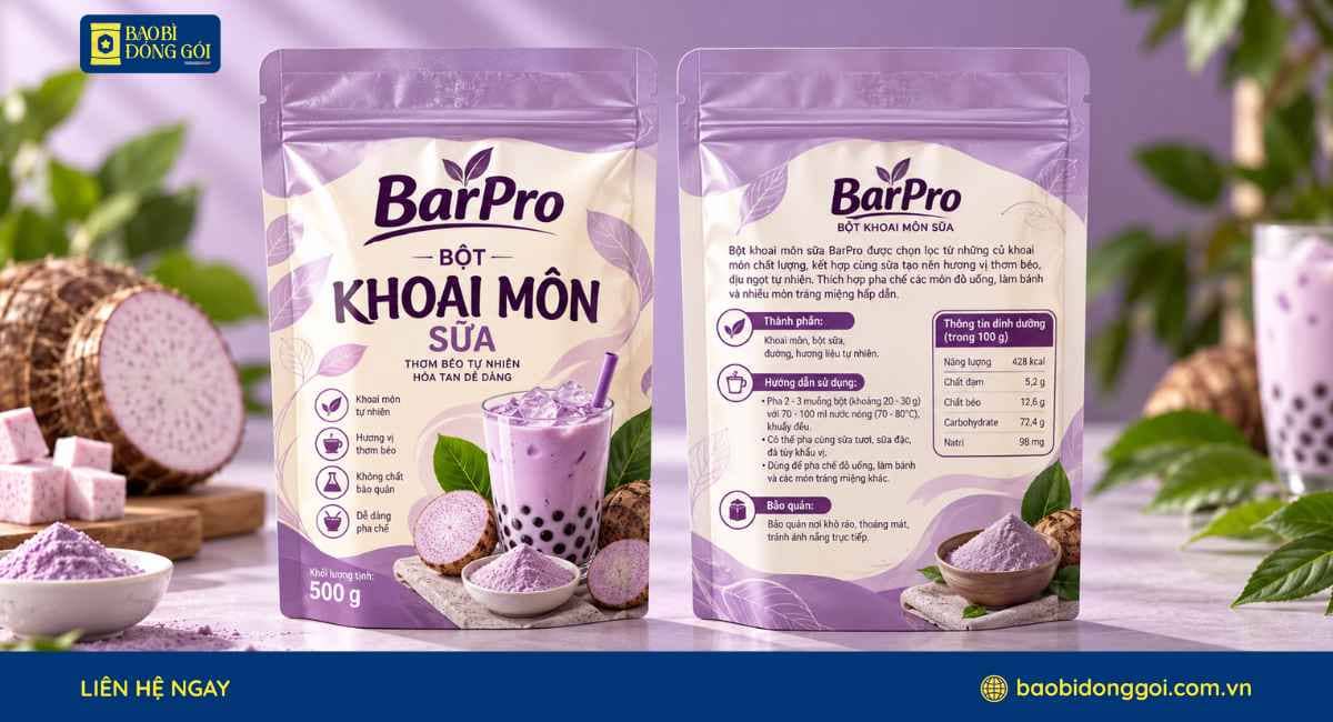 Mẫu bao bì túi zipper đựng bột khoai môn in trục đồng 4 màu