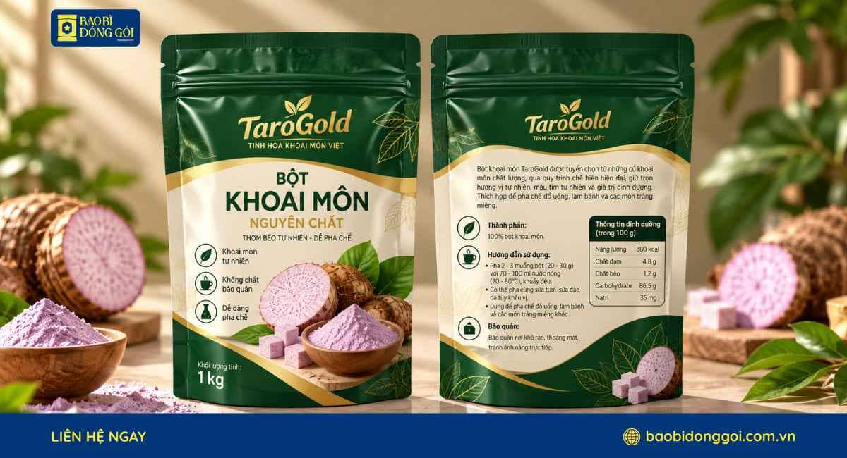 Mẫu bao bì bột khoai môn túi zipper đáy đứng in theo yêu cầu