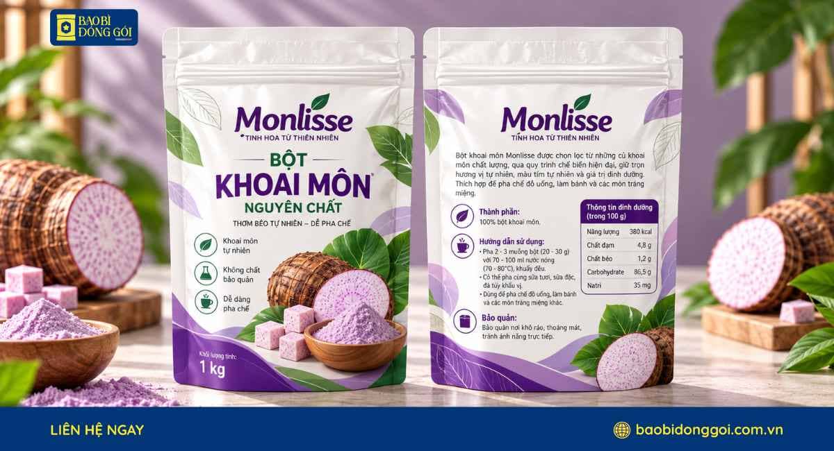 Mẫu bao bì bột khoai môn pha chế in trục đồng