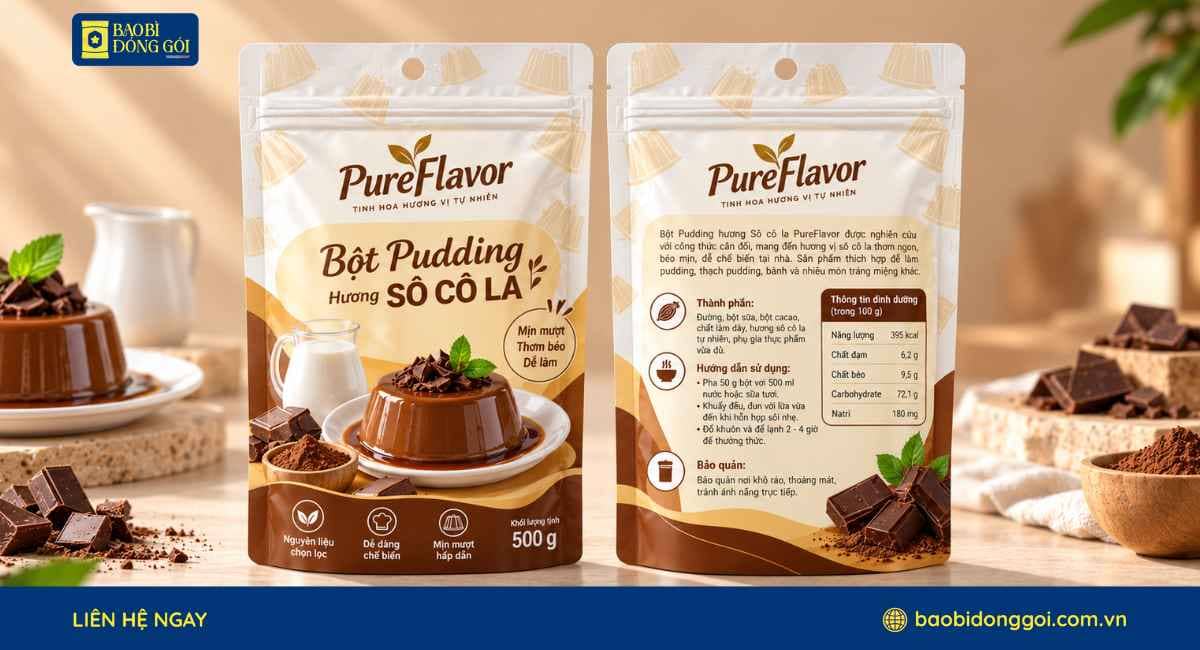 Mẫu bao bì bột pudding đẹp 2 mặt trước sau