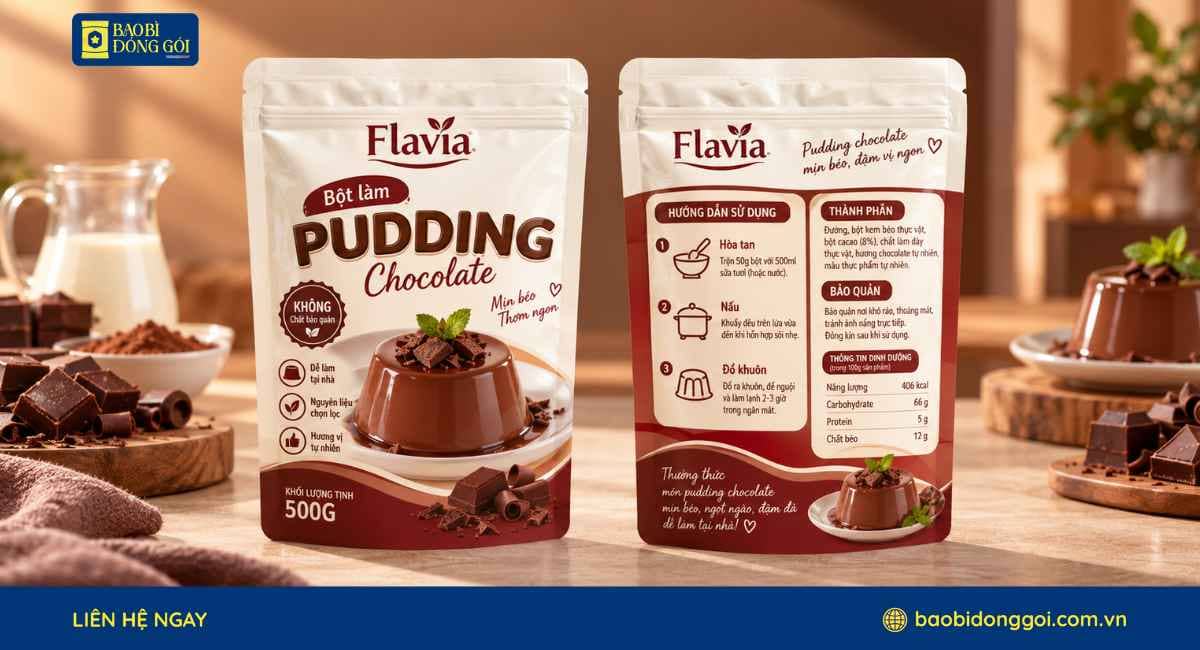 Mẫu bao bì bột pudding in trục đồng 6 màu đẹp 2 mặt trước sau rõ nét thông tin sản phẩm