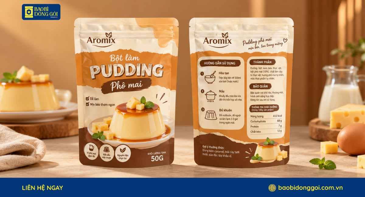 Mẫu bao bì bột pudding phô mai có khóa zipper tiện lợi